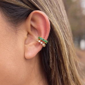 18K gold plated stainless steel ear cuffs with green and white zircon stones on model