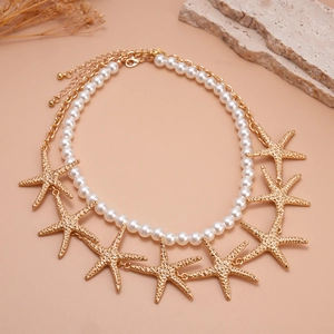 Double-layer starfish necklace set with faux pearls and golden starfish pendants