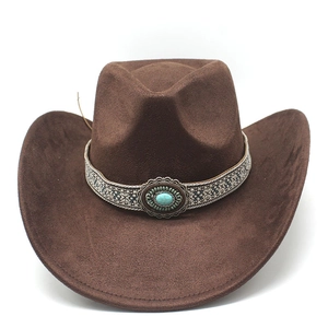 Detail of brown wool fedora featuring turquoise stone and ethnic woven hat band