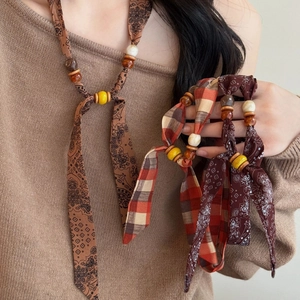 Bohemian Fabric Chiffon Wood Beaded Necklace Vintage Floral Plaid Adjustable Tie Ethnic Sweater Chain