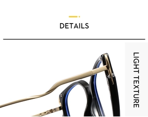 Detailed macro view of black cat-eye TR90 frames with gold metal temples and blue light coating