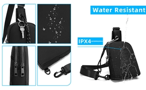 Detailed views of waterproof IPX4 nylon chest bag with zippers and water resistance test