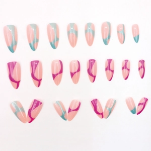 Dual-color aurora almond press-on nails with metallic blue and purple wave designs