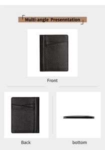 Front back and bottom views of ultra-thin black pebble leather wallet with card slots