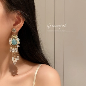 Vintage gold earrings with turquoise water-drop stones and long crystal fringe tassels