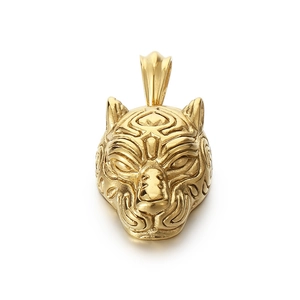 Vintage golden tiger head pendant in stainless steel with textured totem carving detail