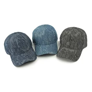 Three jacquard denim baseball caps in dark blue, light blue, and charcoal grey on white background