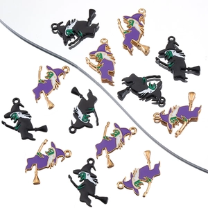 Detail of alloy witch on broomstick pendants with purple and black enamel for DIY jewelry