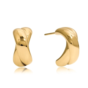 Macro shot of 14K gold plated irregular C-shape twisted hoop earrings with mirror finish