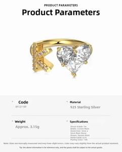 Detailed specs of S925 silver adjustable ring with letter K and heart cubic zirconia