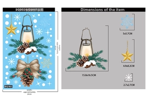 Christmas window sticker layout featuring vintage lantern, pine cones, and gold star dimensions