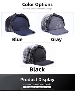 Detailed comparison of winter Trapper hats in navy blue, grey, and black with faux fur lining