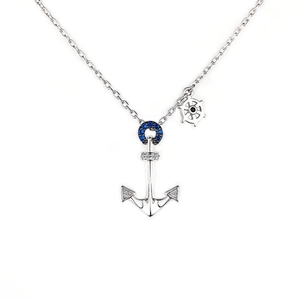 S925 sterling silver necklace with anchor and helm pendants featuring blue crystals