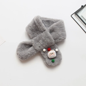 Detail of grey plush faux fur scarf for children featuring a 3D Santa Claus decoration