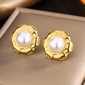 Vintage 18K gold plated titanium flower earrings with white pearls and small diamonds