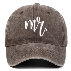 Detail of Mr. embroidery on a vintage washed brown cotton baseball cap with fabric texture