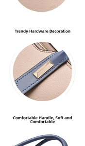 Detail of pink pebbled leather handbag with blue handles and champagne gold hardware