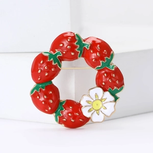 Sweet enamel strawberry and flower wreath brooch in gold-plated alloy for women
