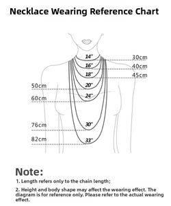 Size chart showing necklace lengths from 14 to 33 inches for sterling silver chains
