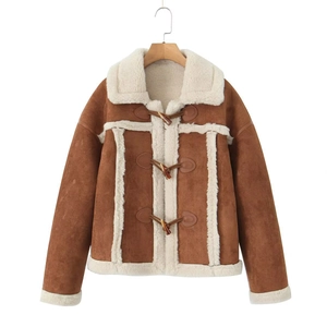 Vintage brown suede jacket with white faux shearling collar and toggle horn buttons