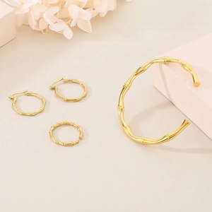 Bamboo Joint Stainless Steel Bangle Hoop Earrings And Opening Ring Minimalist Fashion Jewelry Accessories For Women