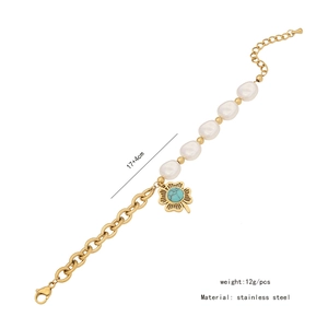 Detail view of pearl and turquoise flower stainless steel bracelet with size 17+4cm