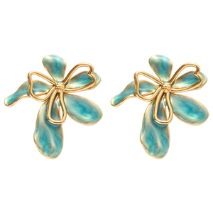 Orecchini a fiore vintage in smalto blu con cornice in oro e acciaio inossidabile
