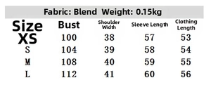 Detailed size chart for striped bow shirt showing chest, shoulder, and sleeve measurements
