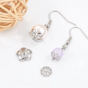 DIY stainless steel flower bead caps and pearl earrings set in silver finish