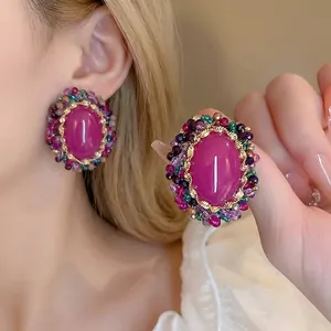 Vintage Oval Stud Earrings Magenta Artificial Crystal Colorful Beads Alloy Baroque With 925 Sterling Silver Earring Post