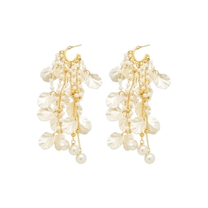 Elegant silver needle floral petal tassel earrings with pearls for beach vacation