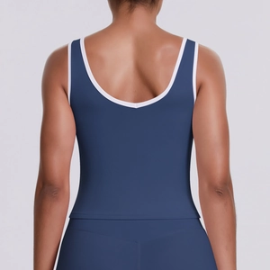 Débardeur de yoga bleu marine dos nu avec bordure contrastée blanche pour femmes