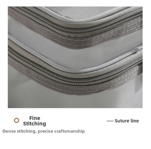 Detail view of double zippers and reinforced stitching on gray mesh toiletry bag