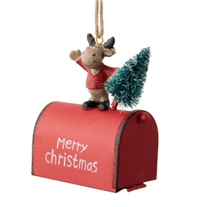 Red metal Merry Christmas mailbox ornament featuring a reindeer and mini tree decoration
