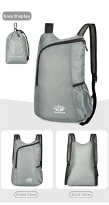 Gray foldable sports backpack showing tear-resistant nylon texture and portable storage bag