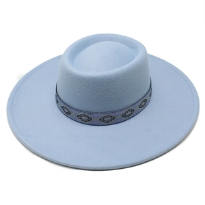Detail of light blue wool felt fedora featuring a navy geometric patterned woven band