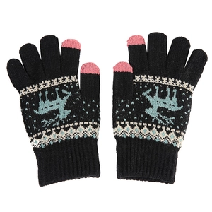 Zwarte gebreide dameshandschoenen met roze touchscreen-vingers en blauw elandpatroon