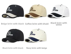 Detailed grid view showing five color variants of embroidered baseball caps with contrast brims