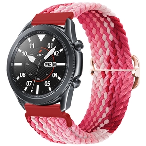 Detail view of woven nylon elastic watch band with rose gold buckle for Samsung Galaxy