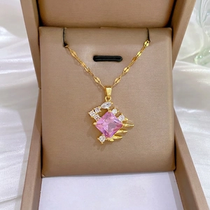 Pendant Necklace Stainless Steel Pink Square Zircon Copper Gold Plated Luxury Elegant For Women Fashion Jewelry