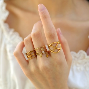 Geometric Multi Layer Star Charm Ring For Women 18K Gold Plated Stainless Steel Adjustable Open Band With Crystal