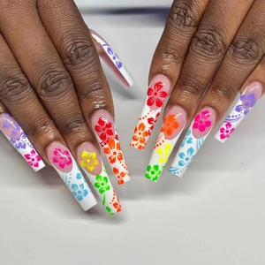 Press On Nails Long Coffin Trapezoid Colorful Floral Flower Pattern Tropical French Ins Style For Women Girls