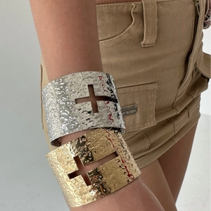 Textured hollow cross open bangles in gold and silver finish with hammer pattern