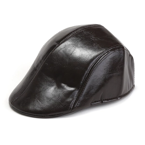 Classic black faux leather flat cap for men with glossy texture and British vintage style