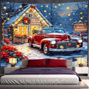 Tapisserie de Noël avec voiture vintage rouge et décor enneigé sur mur de chambre