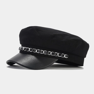 Vintage Newsboy Hat Cotton Blend PU Leather Brim Metal Chain Sailor Cap Retro Flat Top For Women Fashion