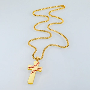 Golden stainless steel cross pendant necklace with red baseball stitch pattern design