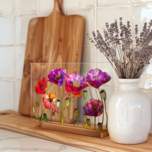Poppy floral acrylic decor with wooden base placed on a cozy kitchen shelf setup