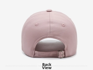 Detailed back view of pink cotton baseball cap featuring adjustable silver metal buckle