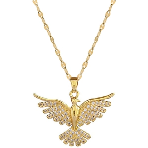 Elegant gold phoenix bird pendant necklace with sparkling white cubic zirconia stones